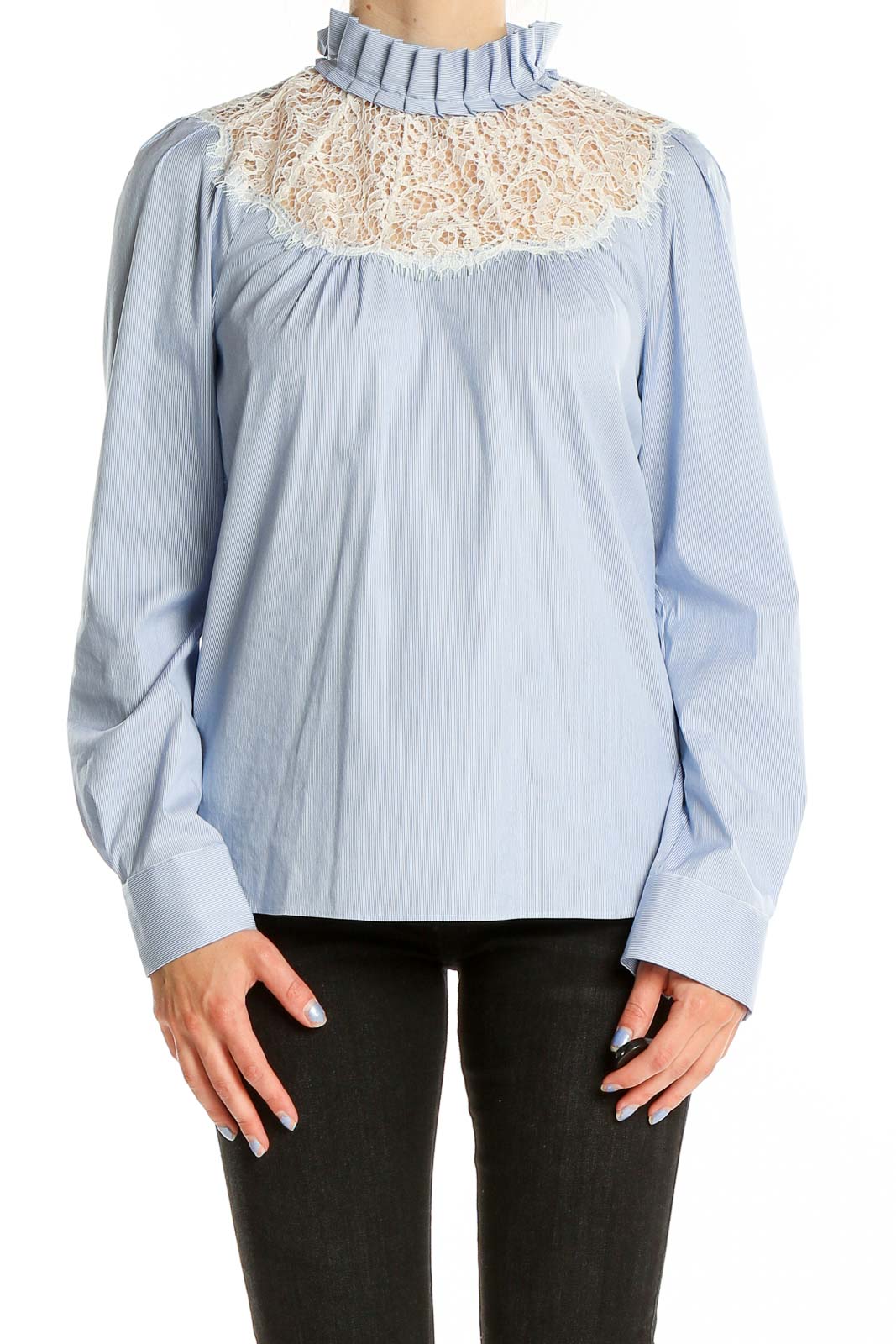 Blue Highneck Long Sleeve Pin Stripe Lace Top Front