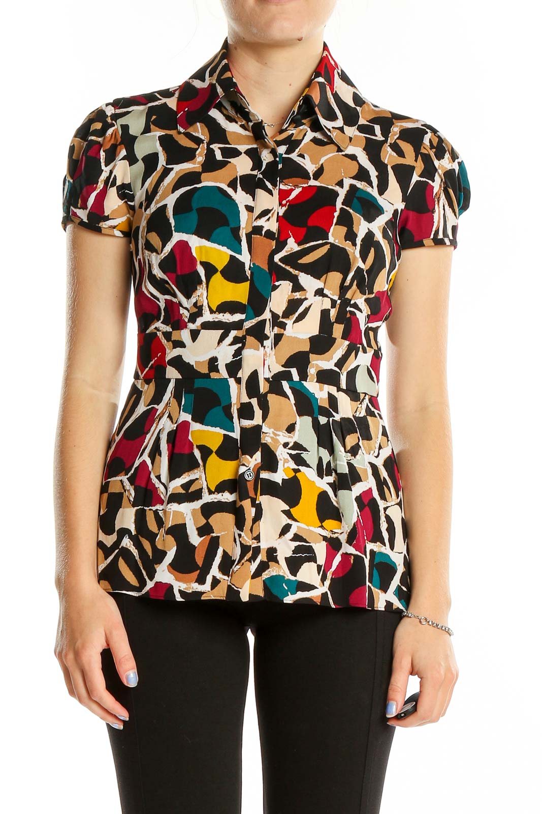 Multicolor Collared Printed Silk Blouse Top Front