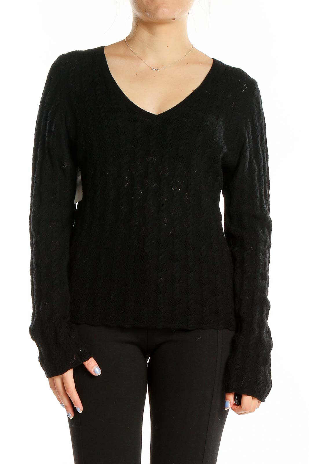 Black Long Sleeve Merino Wool Top Front
