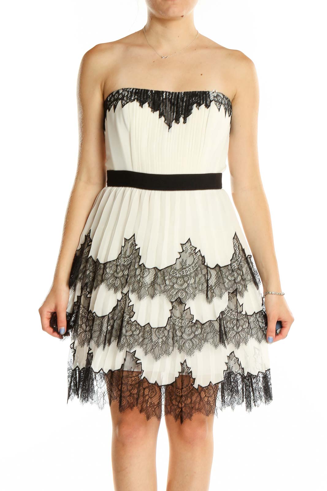 White Black Flare Strapless Lace Dress Front