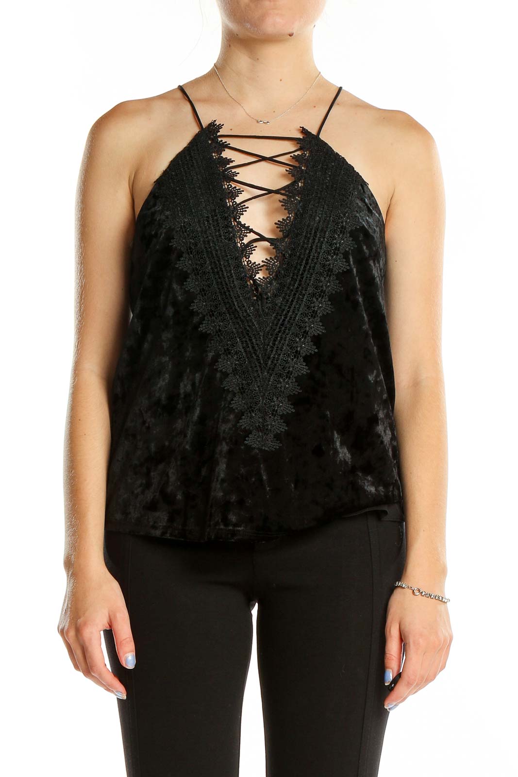 Black Sleeveless Lace Up Velour Top Front