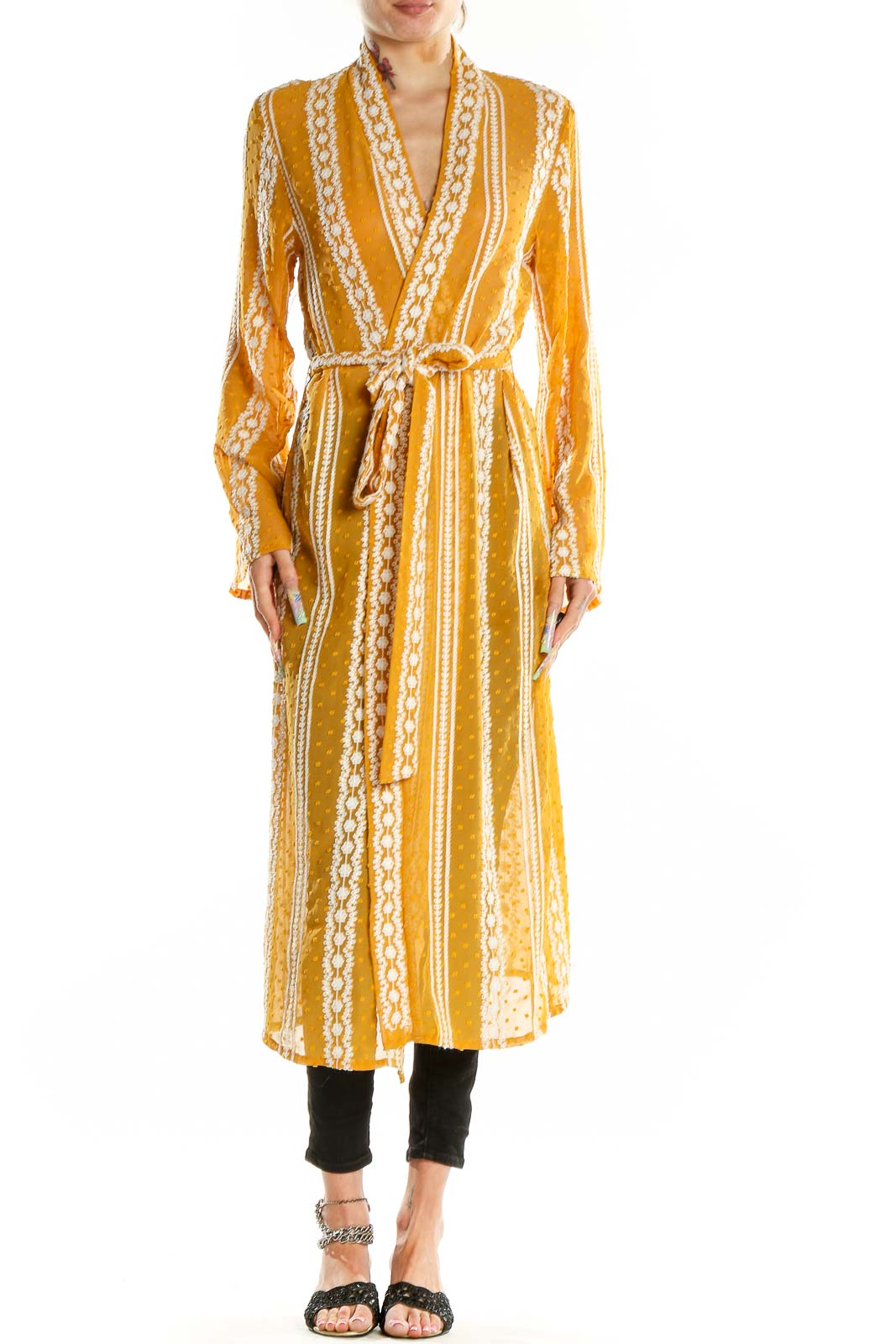 Yellow Embroidered Sheer Wrap Dress Front