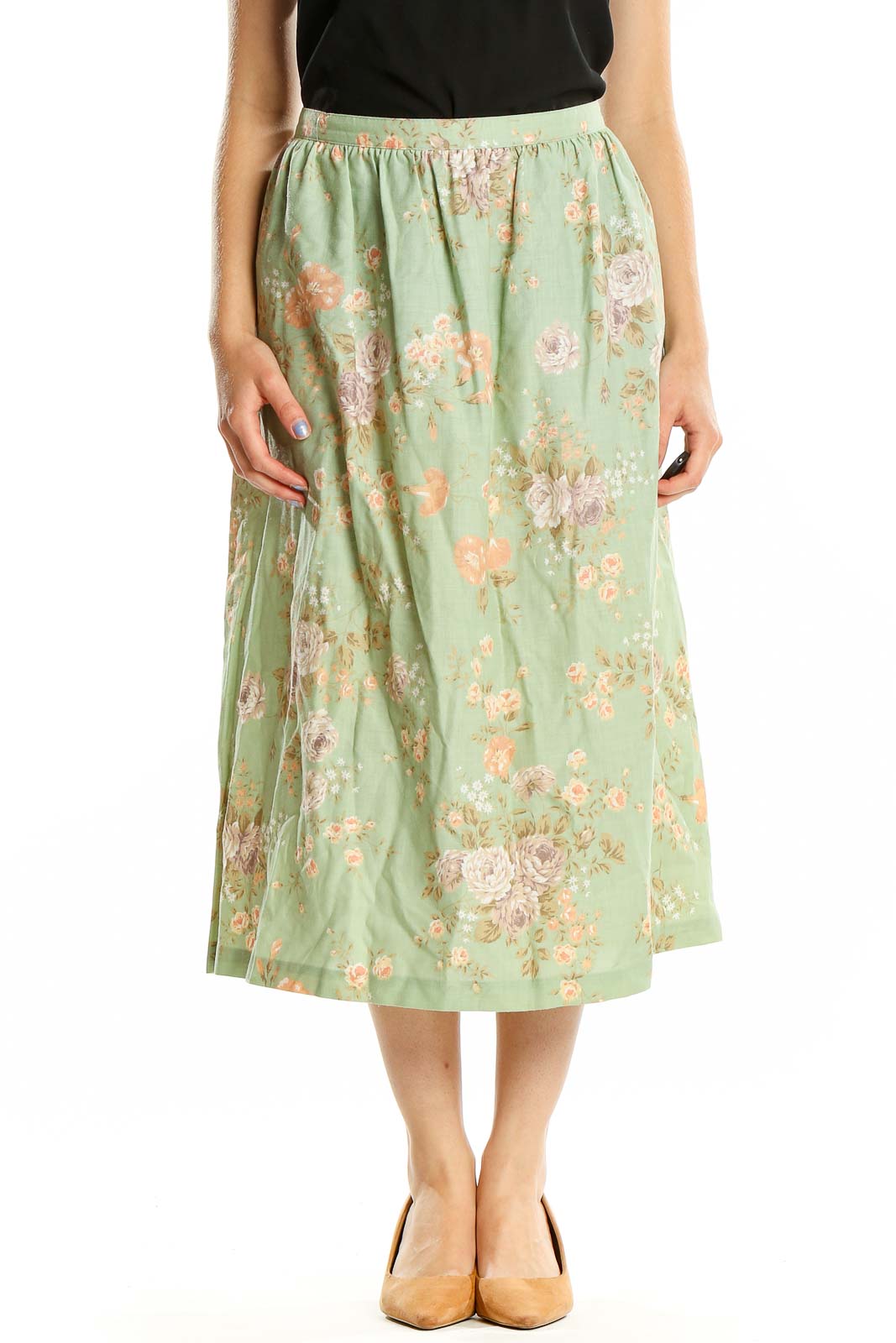 Green Floral Print Midi Skirt Front