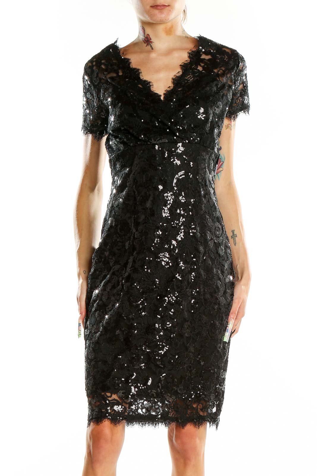 Black Lace Sequin Party Dress Front