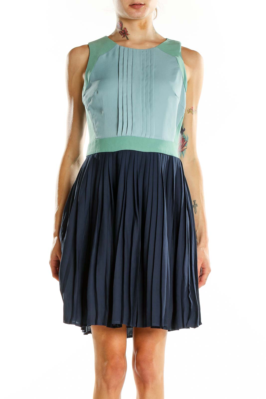 Blue Pleated Colorblock Dress Front