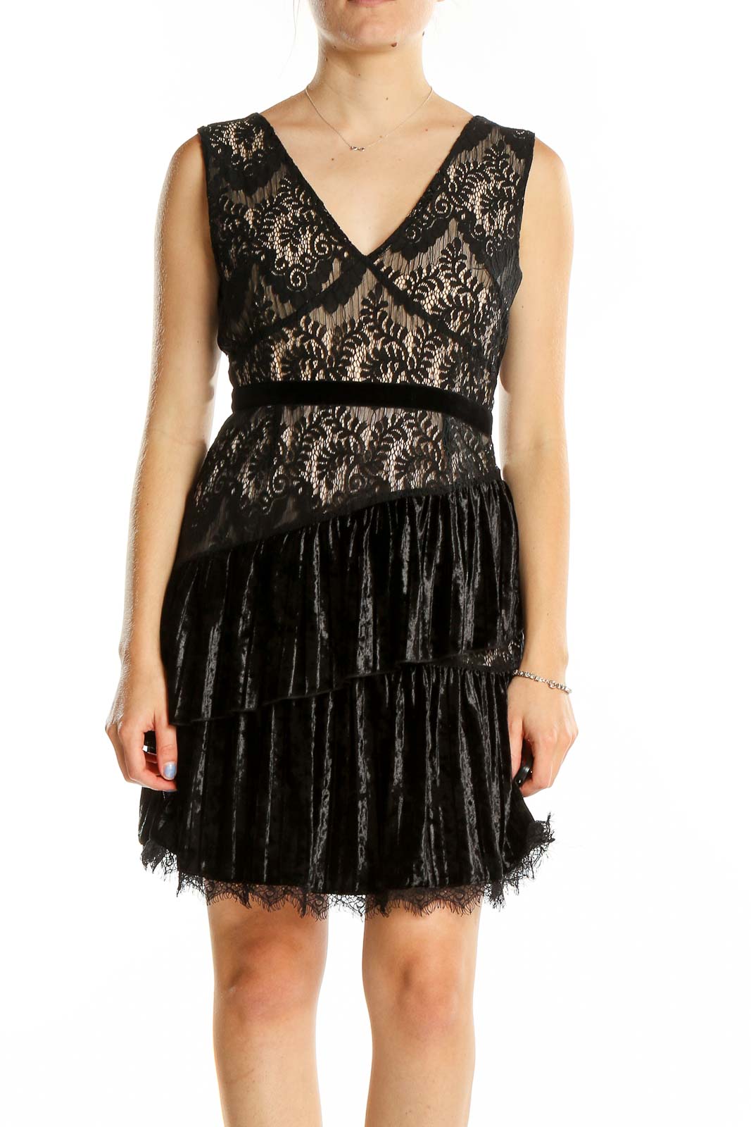 Black V Neck Lace Sleeveless Asymmetrical Dress Front