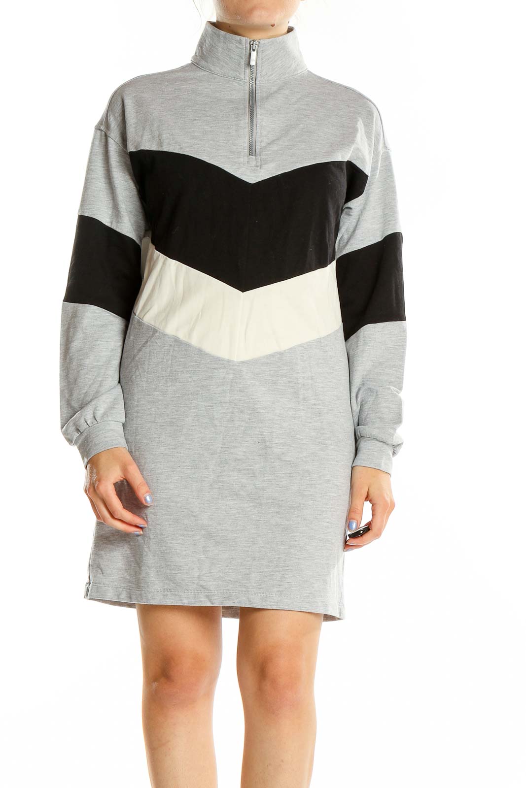 Grey Black Long Sleeve Colorblock Quarter Zip Sweater Dress Front