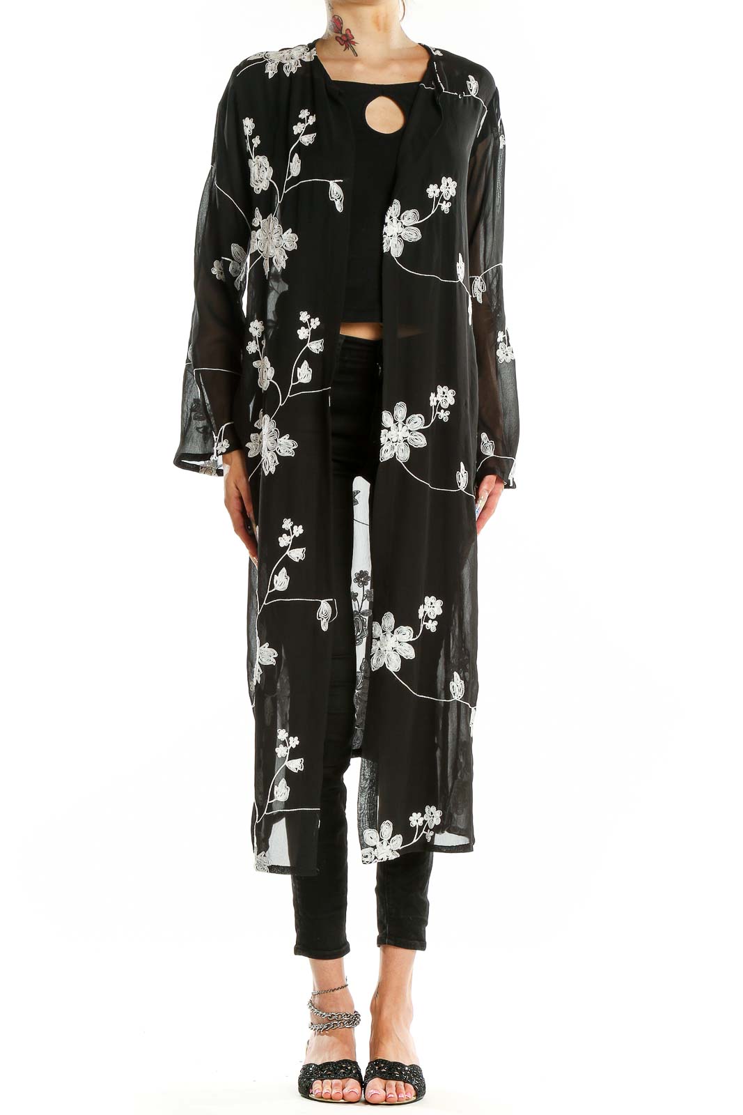 Black Floral Embroidered Long Sheer Cardigan Front