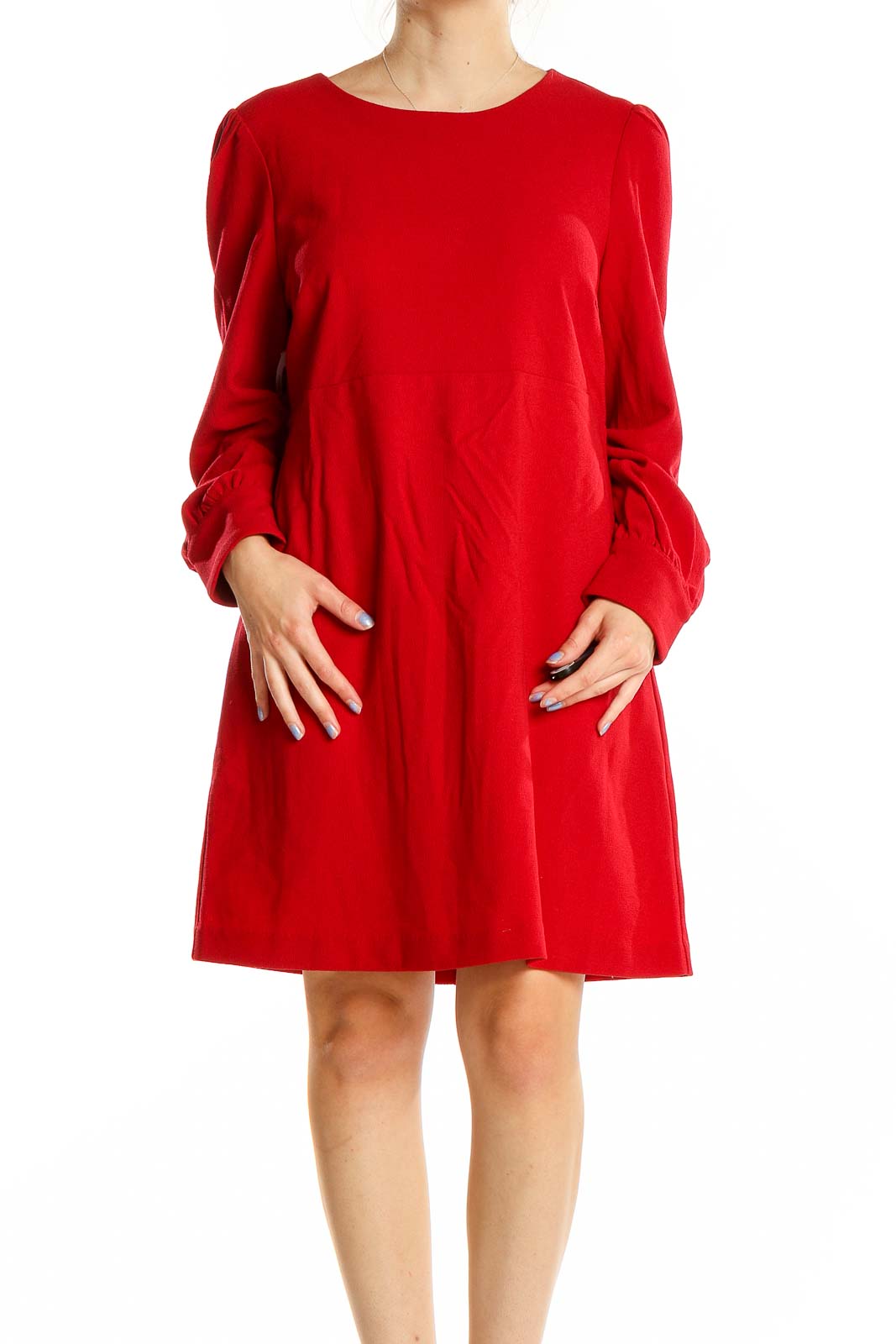 Red Long Sleeve Solid Dress Front