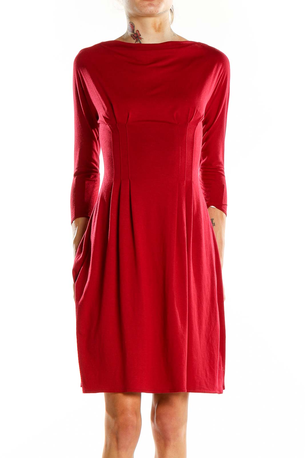 Red Long Sleeve Solid Dress Front