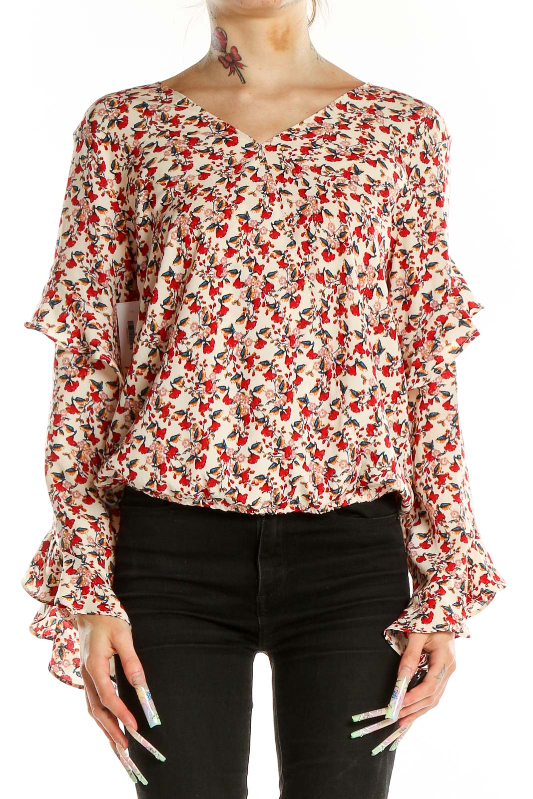 Red White Long Sleeve Ruffled Floral Print Blouse Front