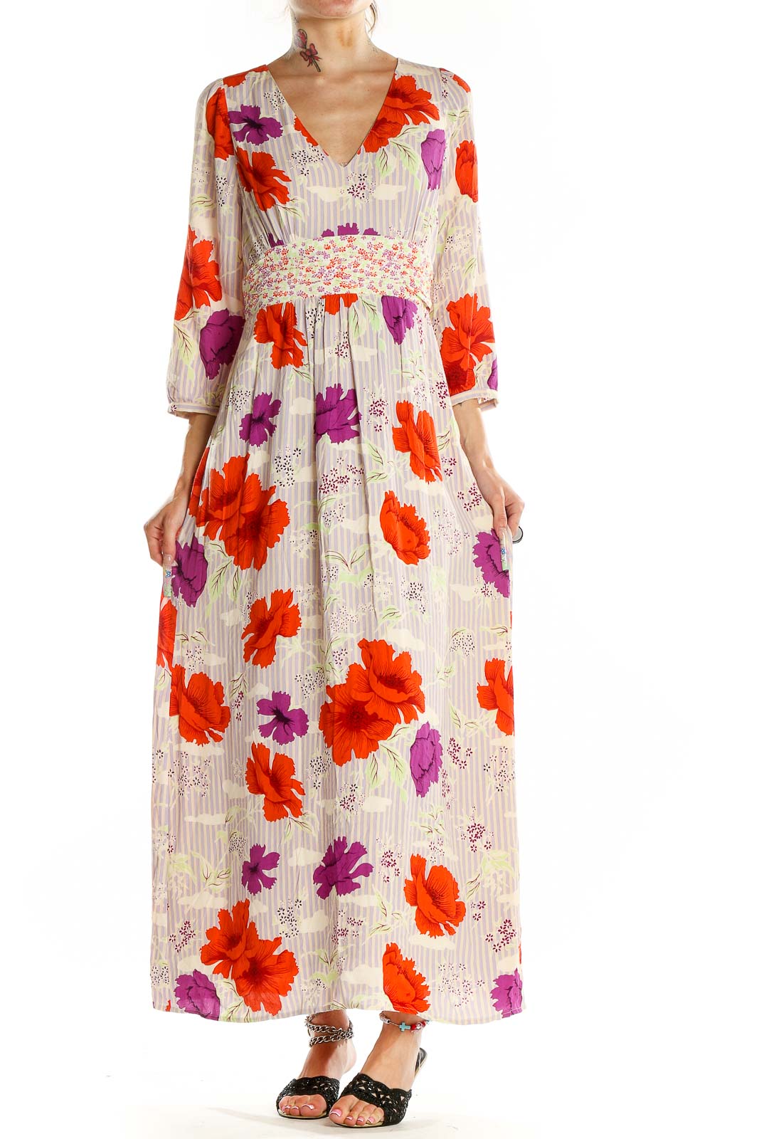Multicolor V Neck 3-4th Sleeve Floral Print Maxi Dress Front