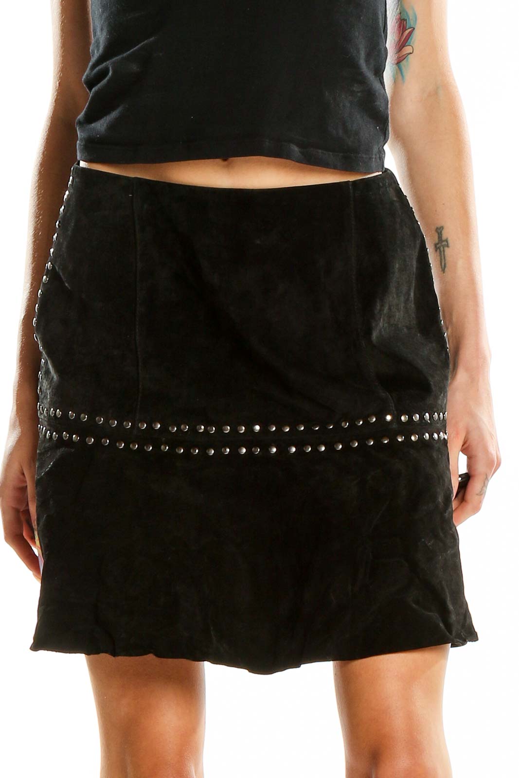 Black Leather Studded Mini Skirt Front
