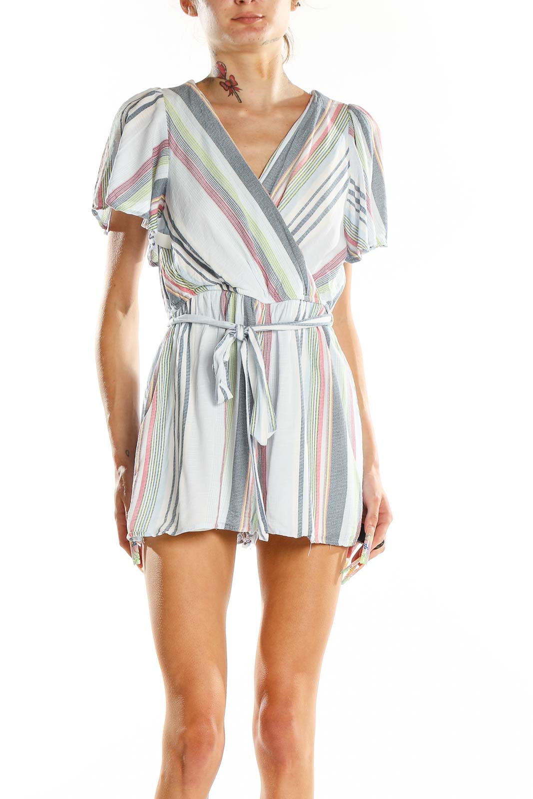 Grey Shorts Sleeve Striped Wrap Romper Front