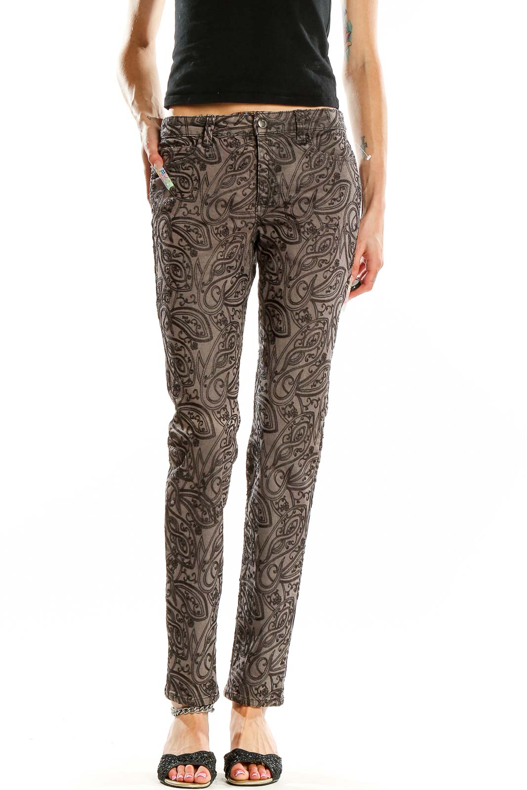 Brown Embroidered Slim Pants Front