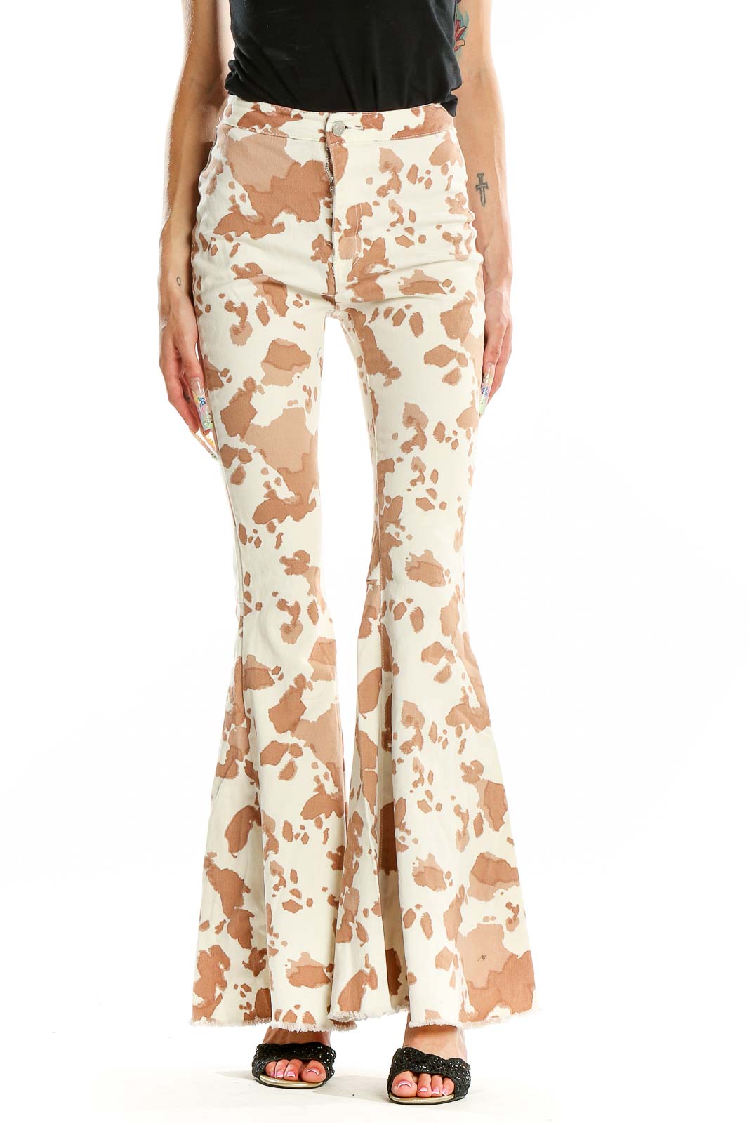 White Brown Flare Animal Print Jeans Front