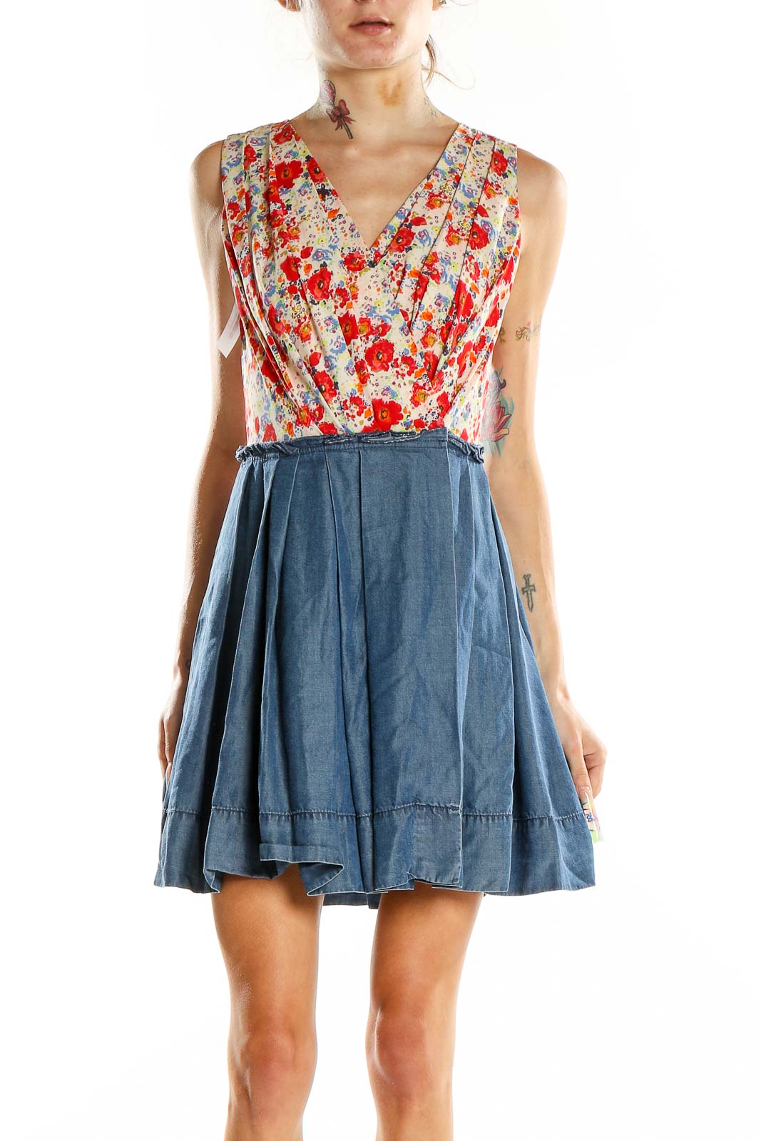 Blue Red Mixed Media Floral Chambray Dress Front