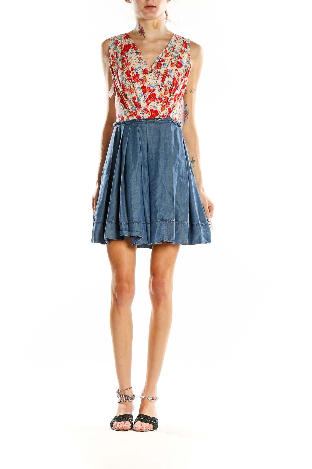 RACHEL Rachel Roy Blue Red Mixed Media Floral Chambray Dress