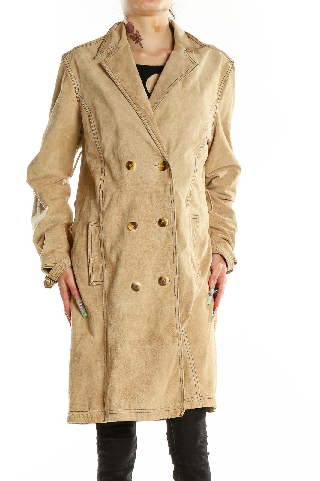 Beige Double Breasted Leather Coat Front