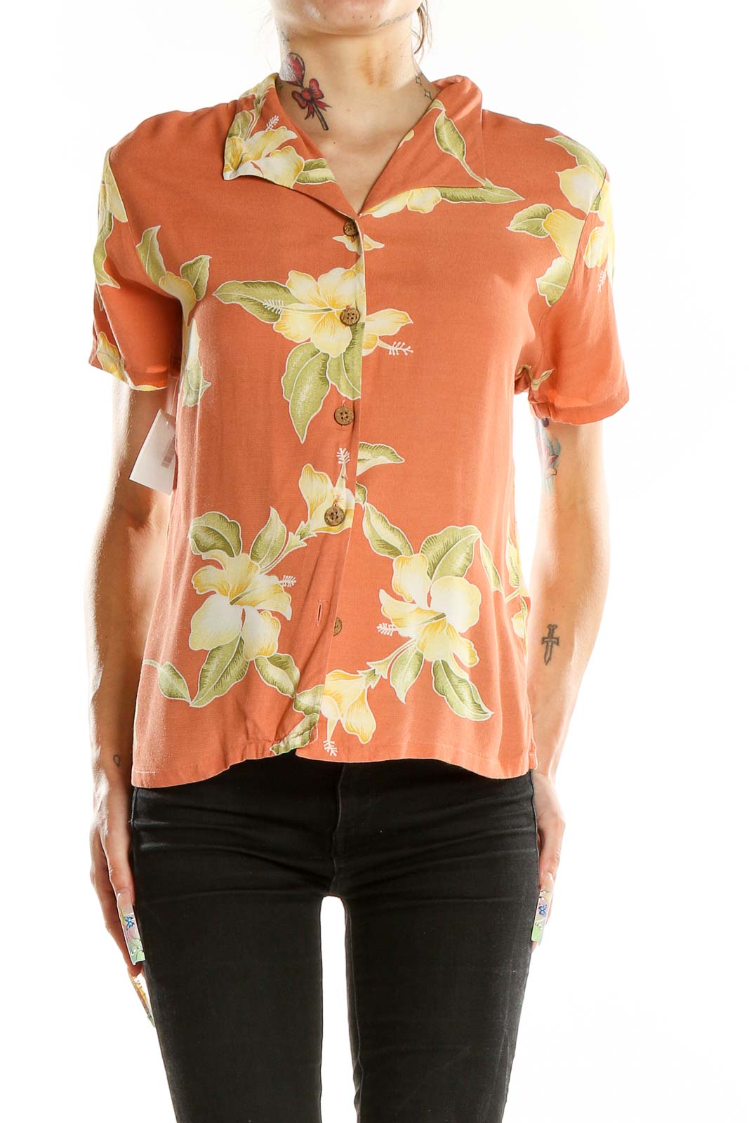Orange Floral Print Shirt Front
