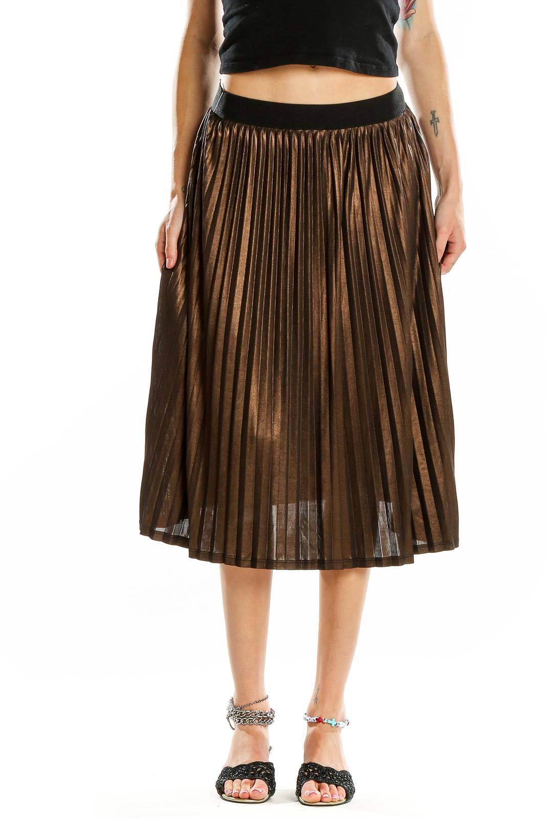 Gold  Pleated Flared Skirt Front