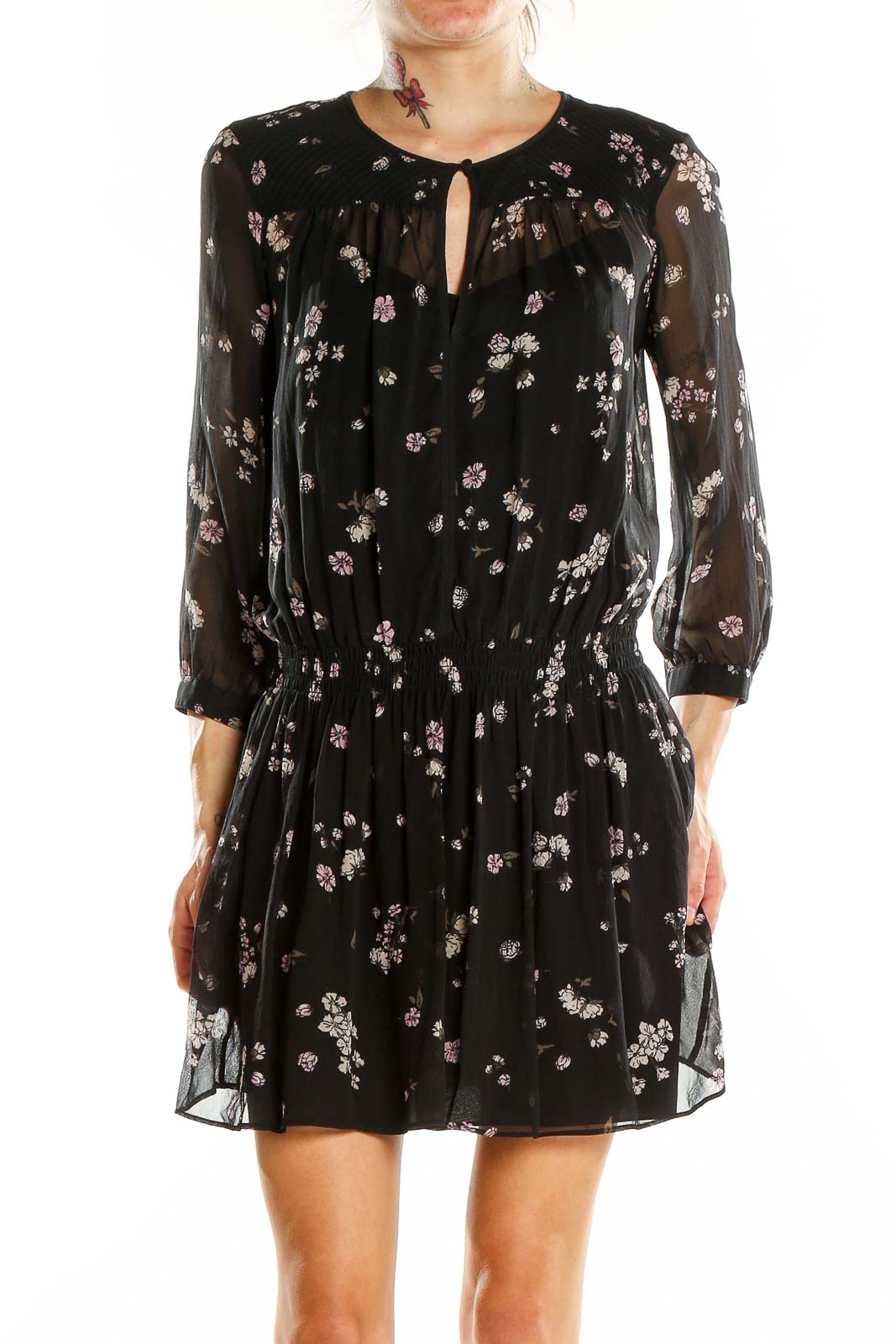 Black Retro Floral Print Keyhole Silk Dress Front