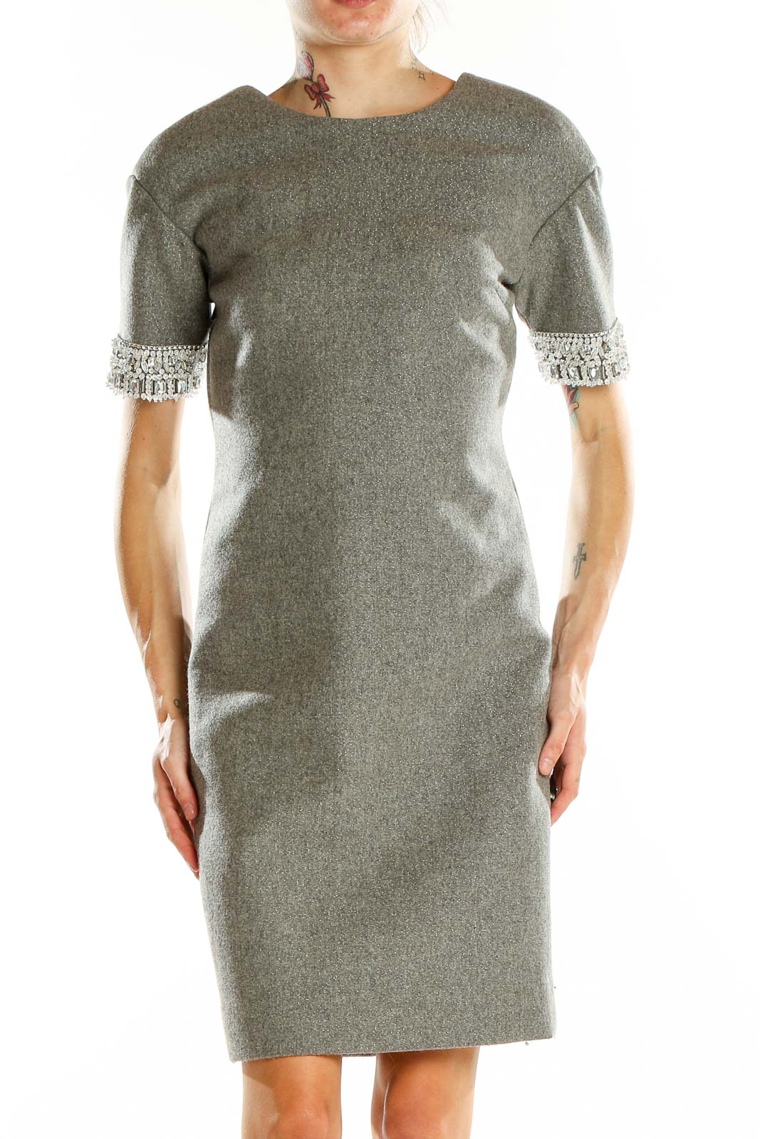 Grey Embellished Classic Sheath Dress Front