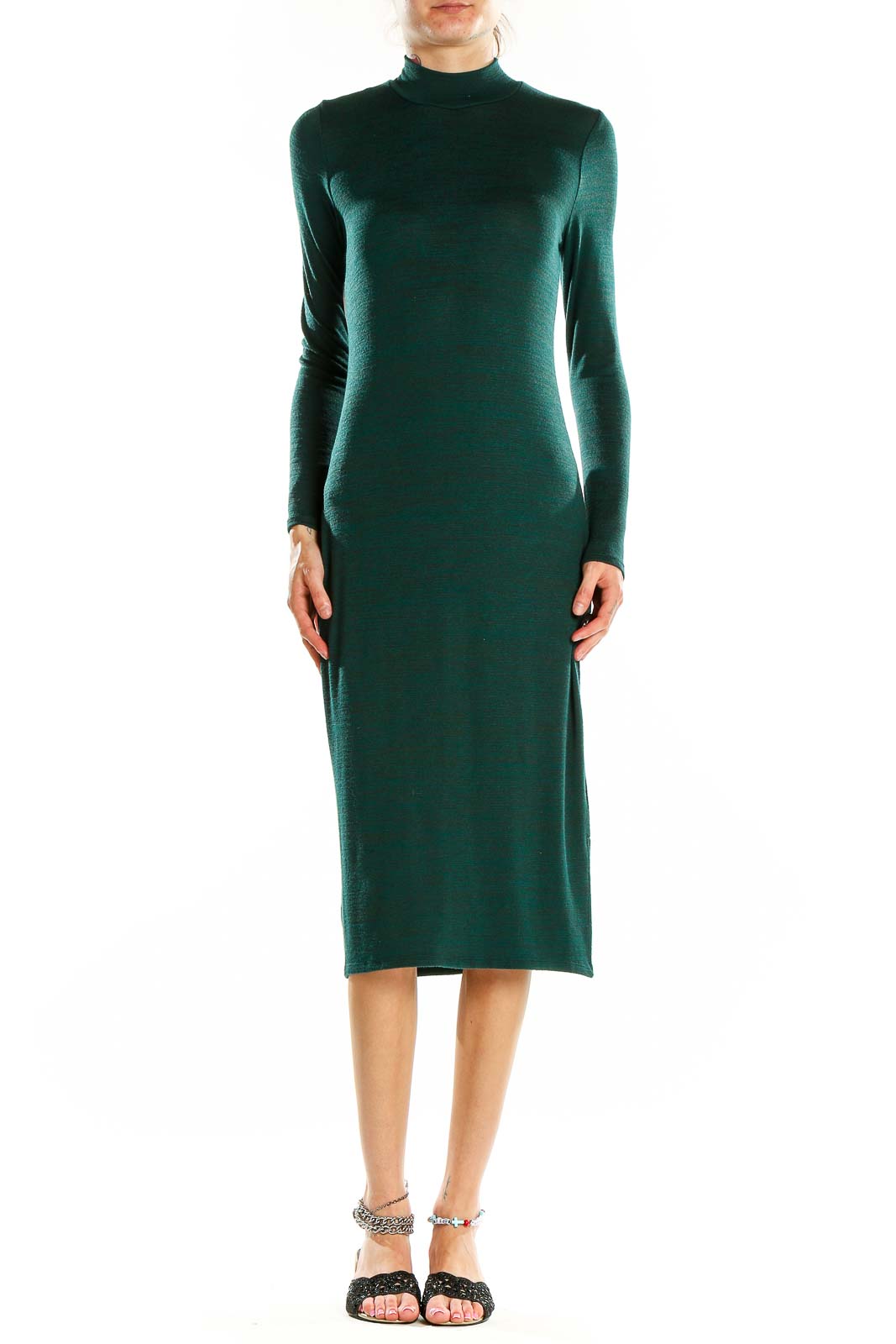 Green Long Sleeve Mock Neck Sweater Dress Front