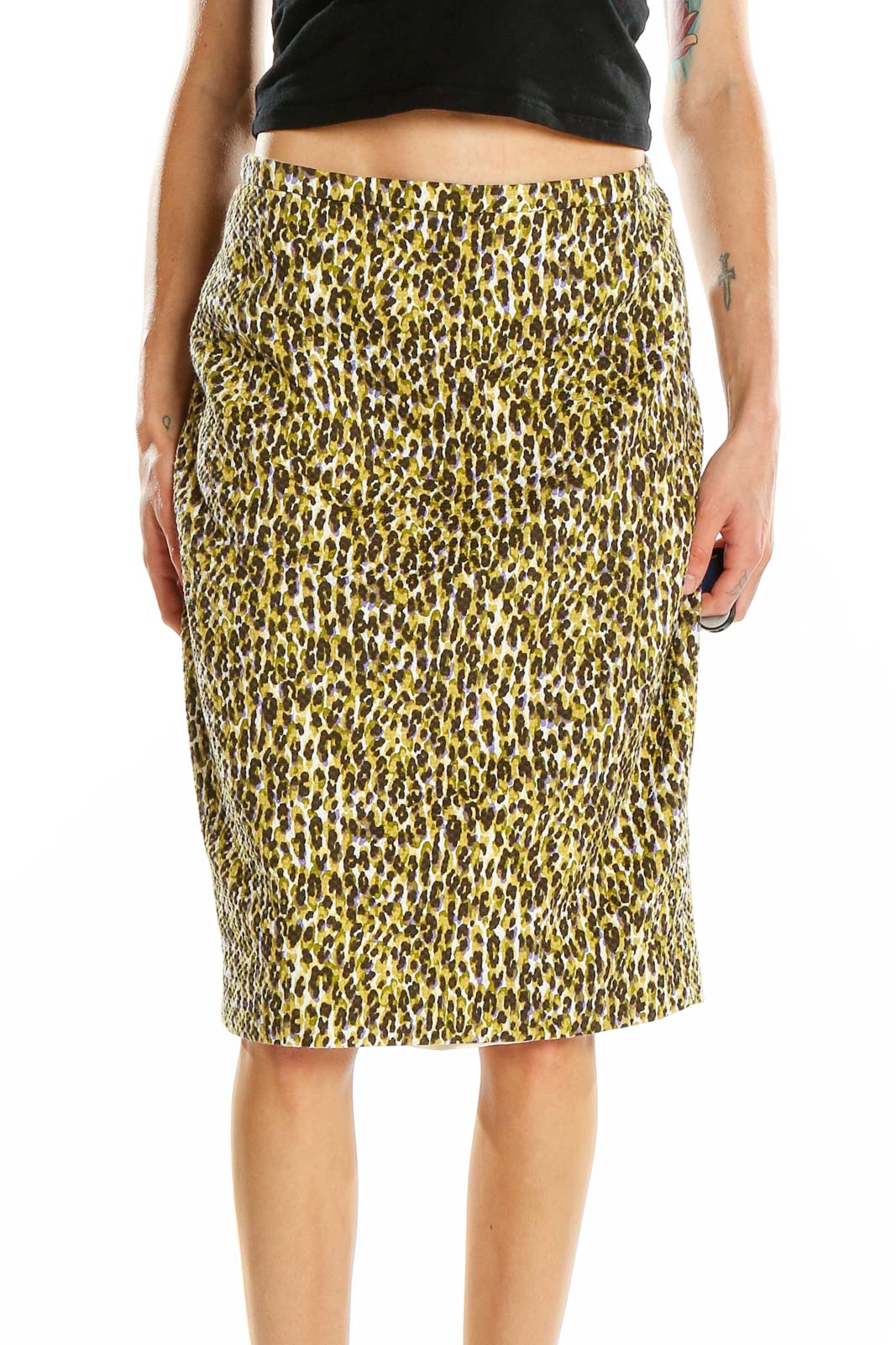 Brown Yellow Printed Pencil Skirt Front