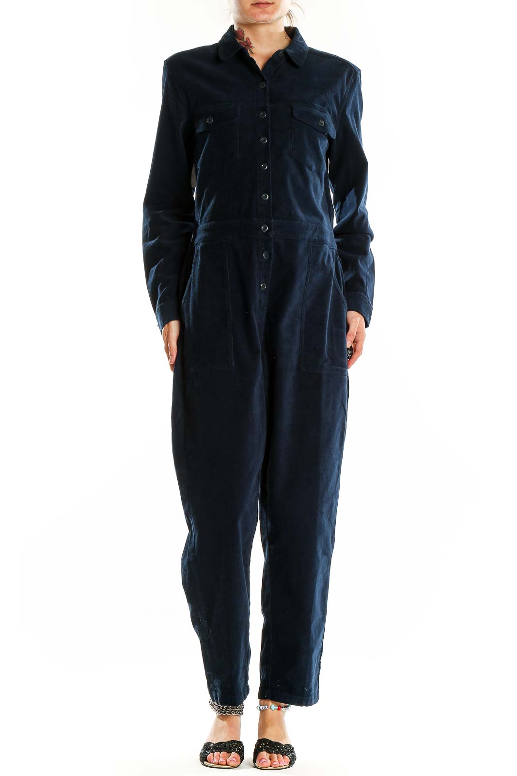 Navy Corduroy Long Sleeve Jumpsuit Front