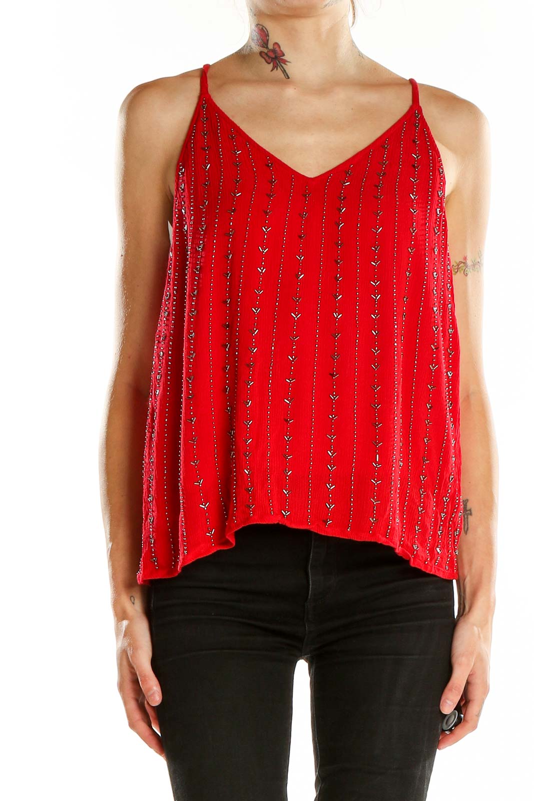 Red V Neck Sequin Tank Top Front