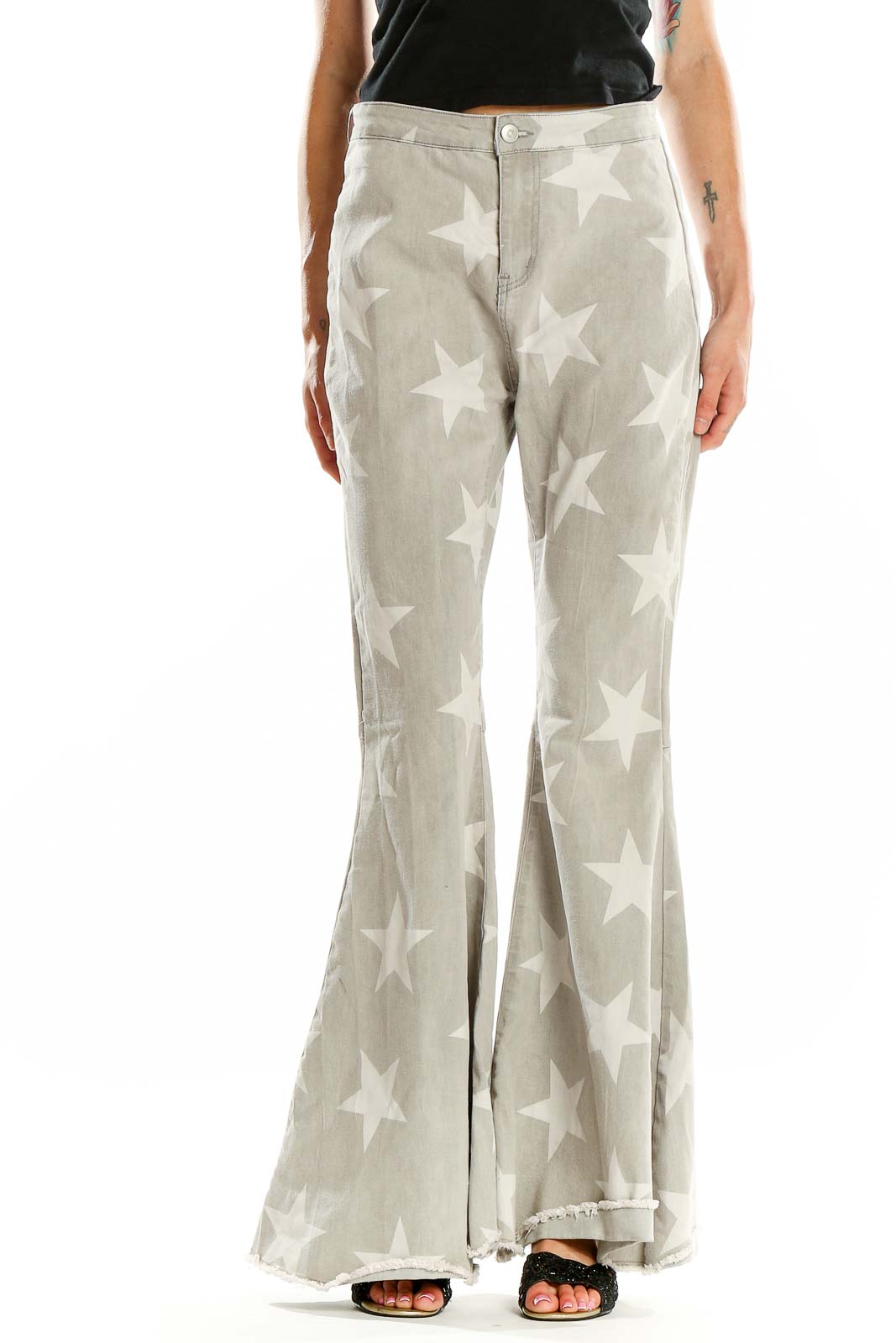 Gray Star Print Flare Jeans Front