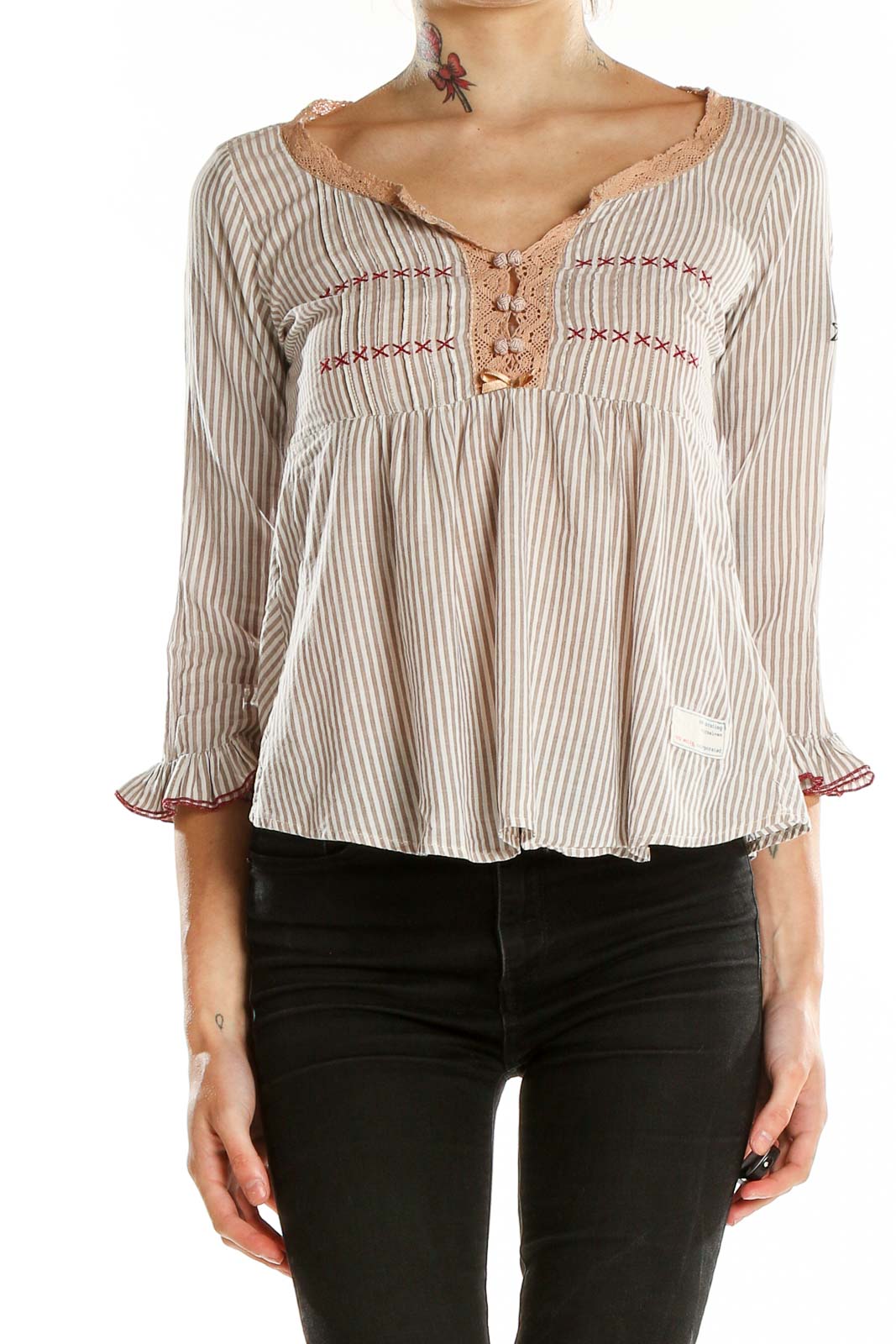 Brown Split Neck 3-4th Sleeve Striped Top Front