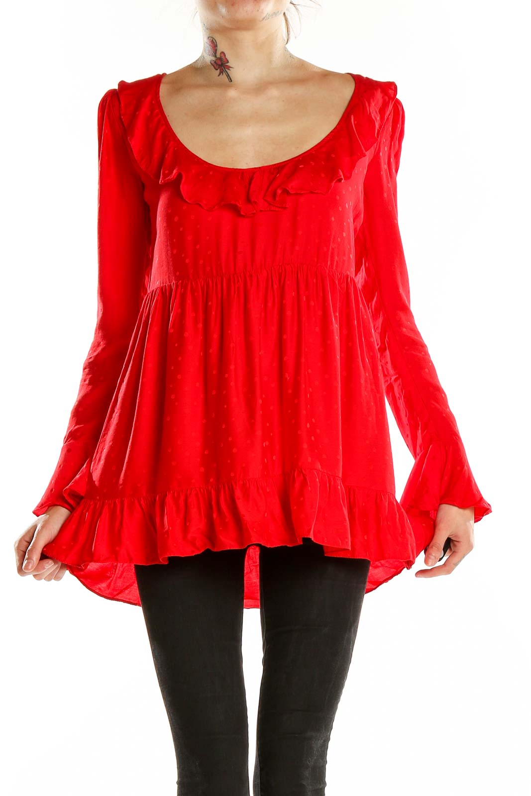 Red Scoop Neck Long Sleeve Tunic Top Front