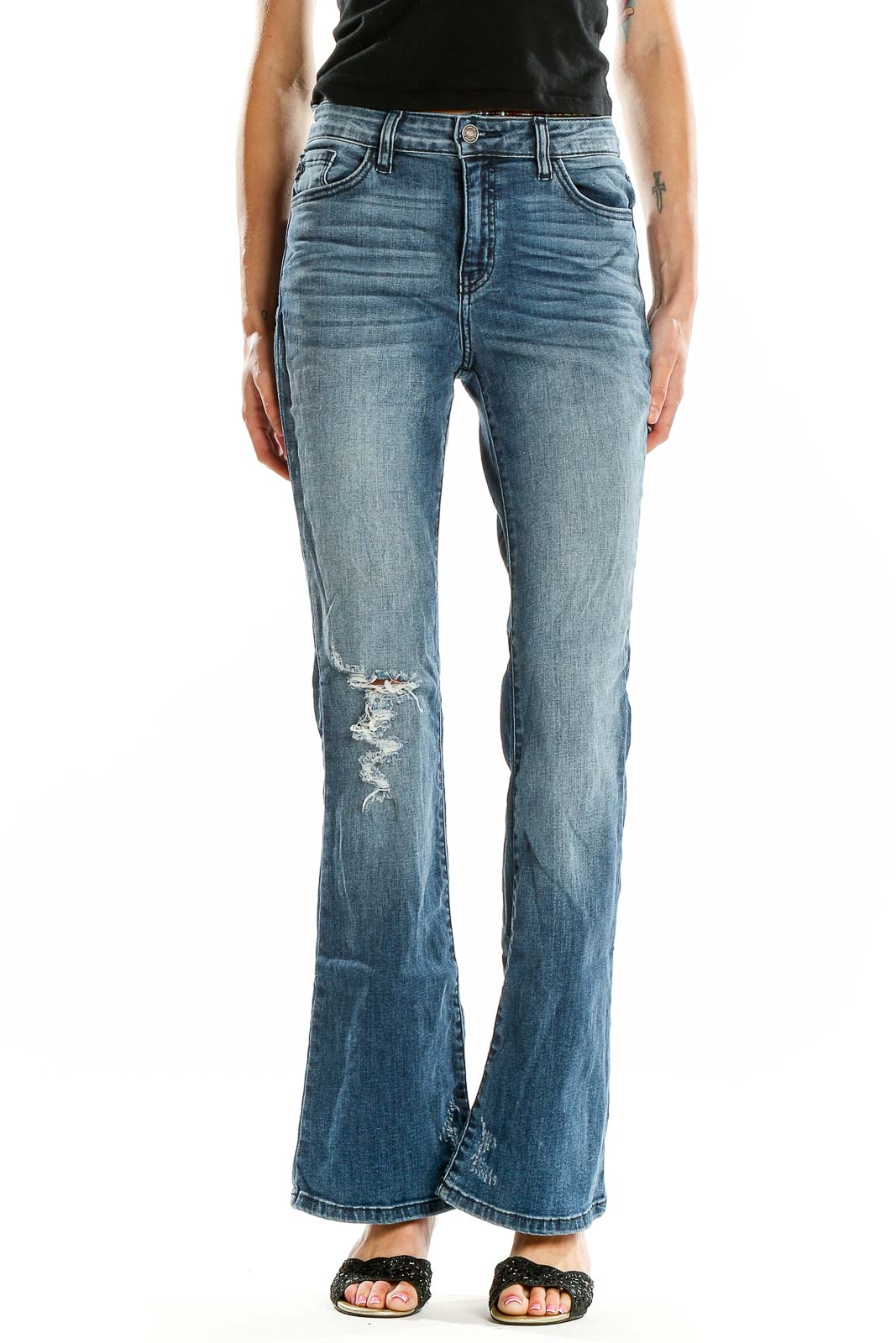 Blue Medium Wash Distressed Flare Jeans Front