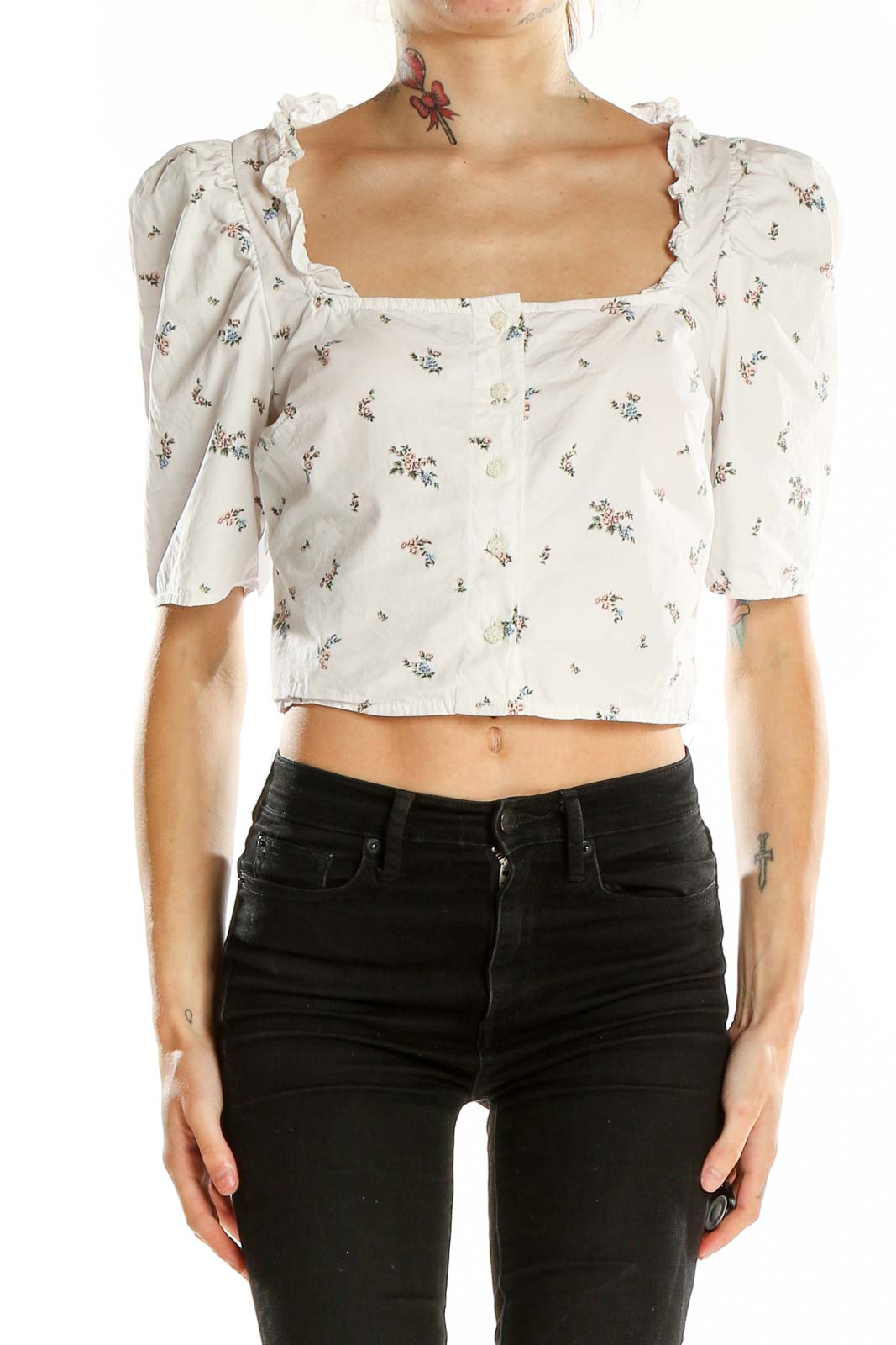 White Square Neck Floral Print Crop Top Front