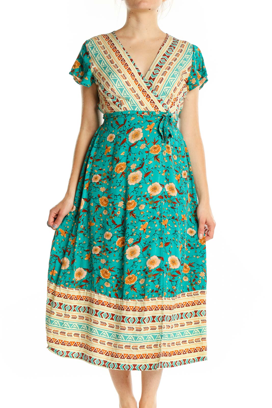 Green Beige Flare Floral Print Bohemian Dress Front