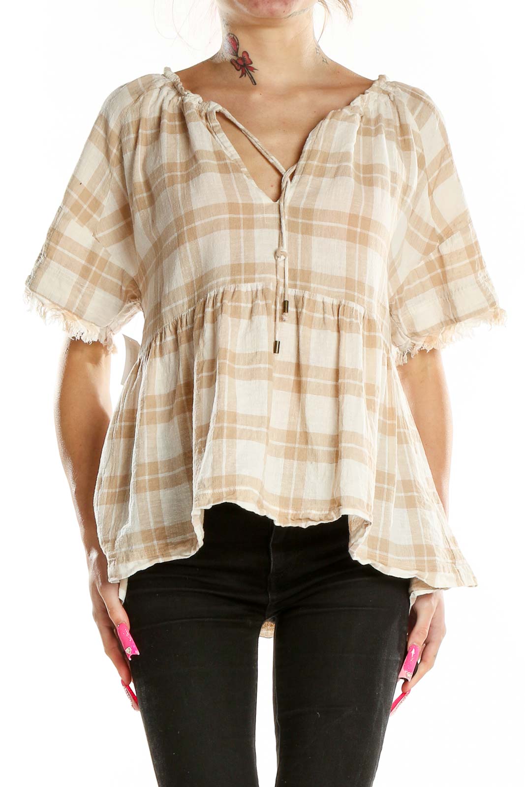 Beige Shorts Sleeve Checkered Blouse Front