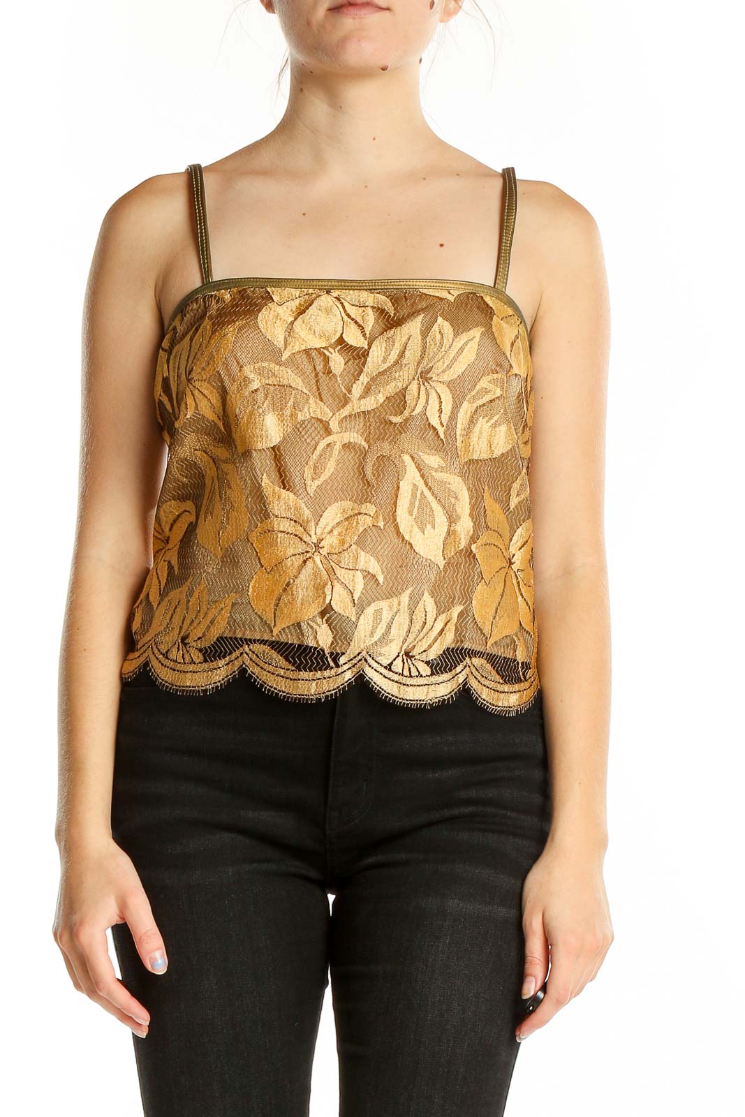 Gold Leather Strap Lace Vintage Tank Top Front