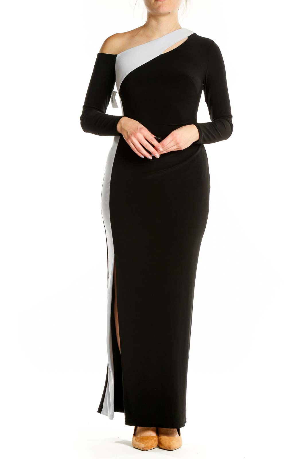 Black Grey Column One Shoulder Colorblock Long Sleeve Dress Front