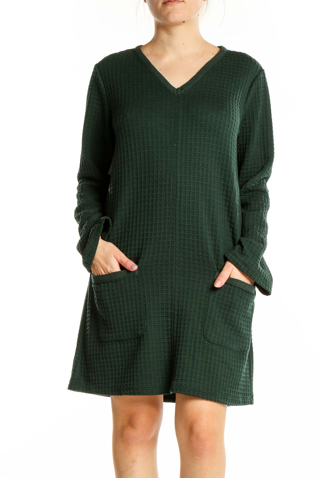 Green A-Line V Neck Long Sleeve Textured Dress Front