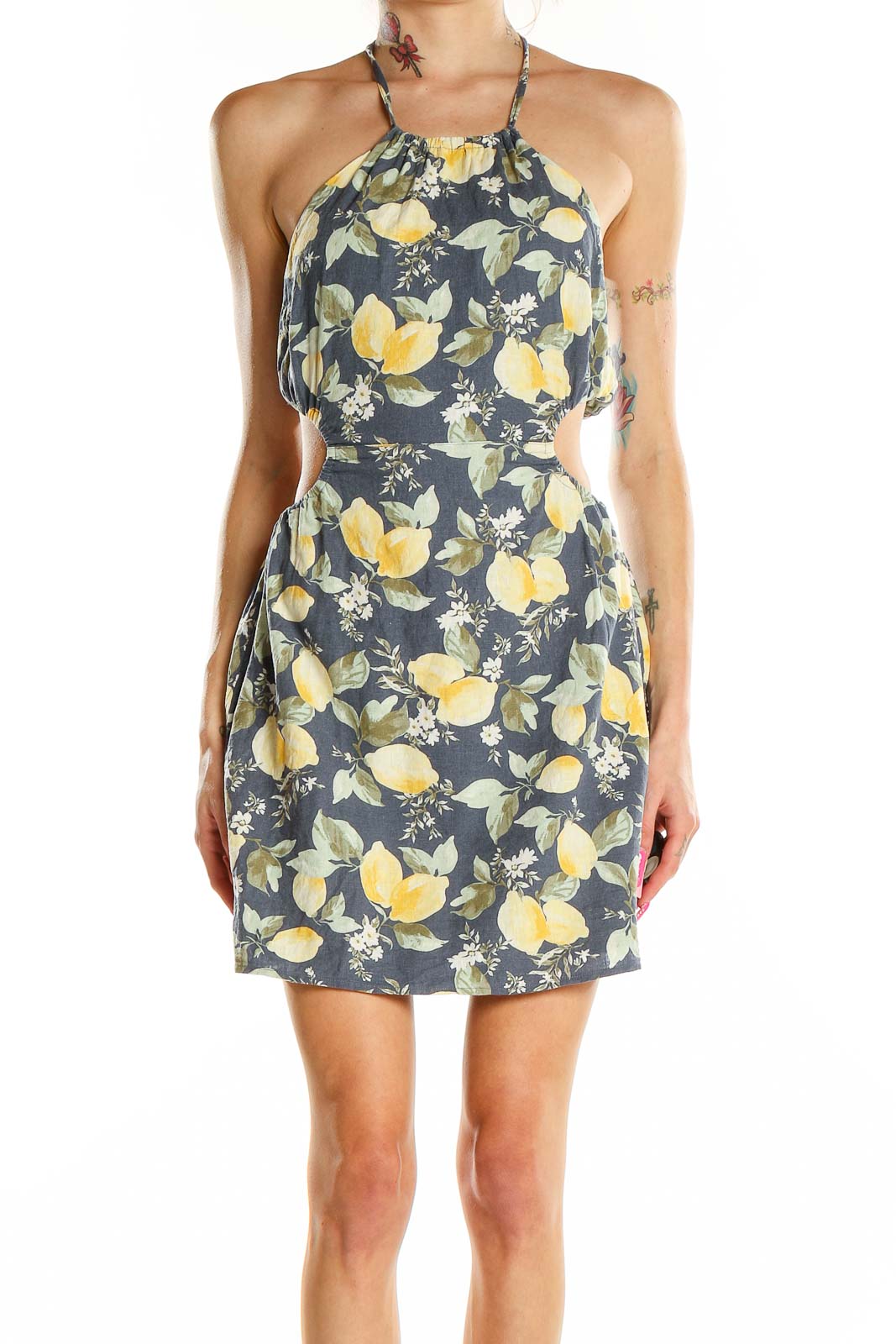Multicolor Lemon Print Halter Mini Dress Front