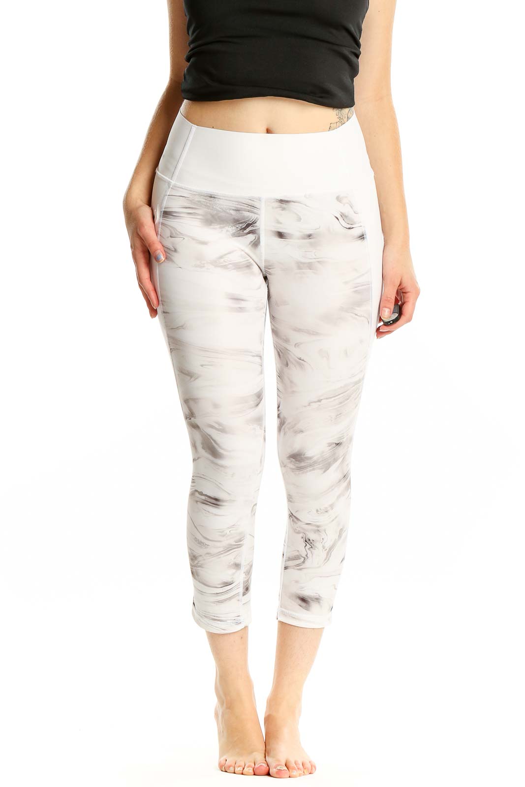 White Printed Cropped Leggings Front
