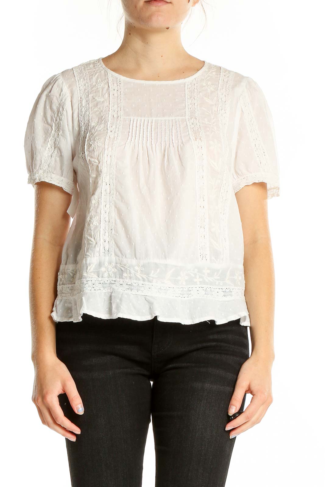 White Shorts Sleeve Lace Top Front