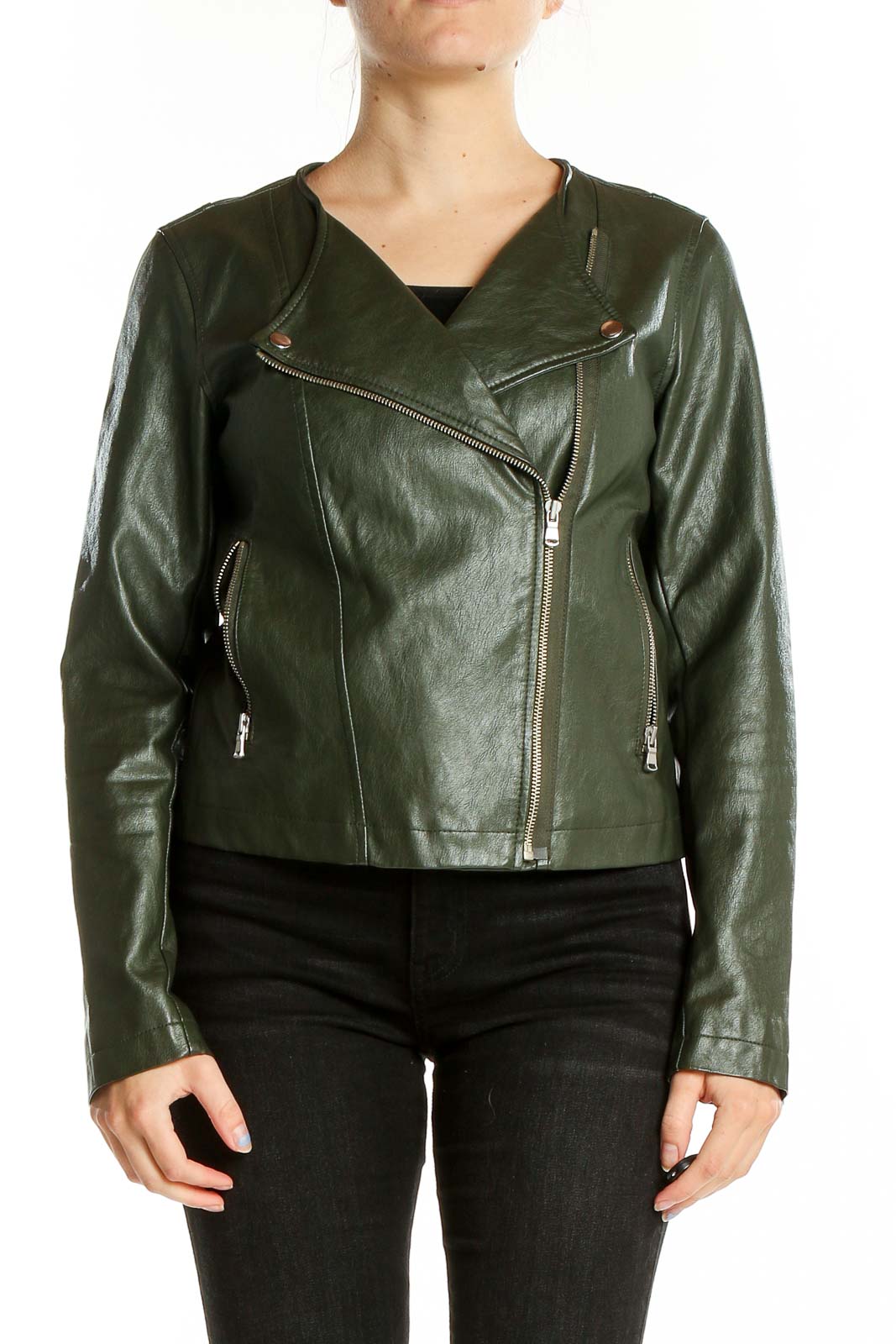 Green Motorcycle Faux Leather Jacket Front