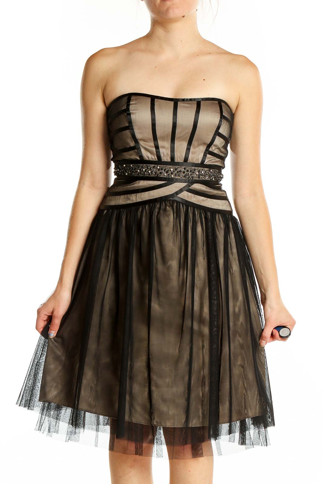 Brown Black Strapless Flare Embellished Dress Front