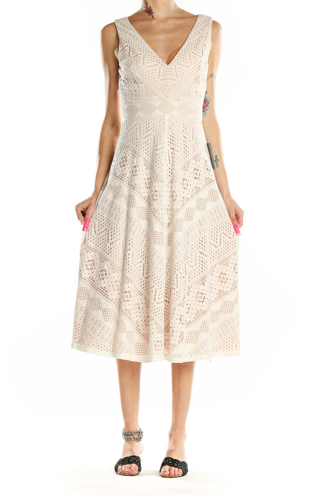 White Pink Flare Lace Classic Midi Dress Front