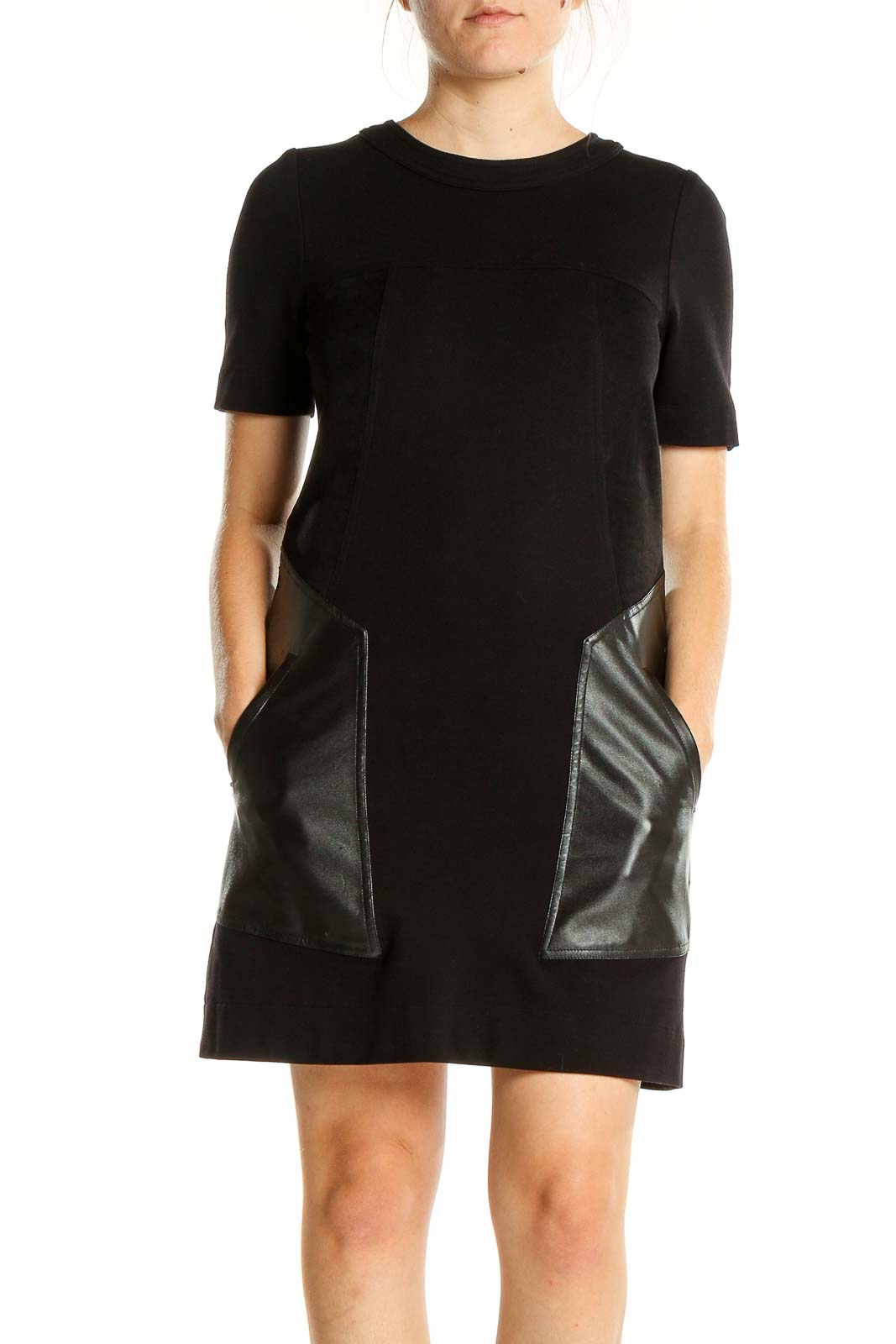 Black Shift Faux Leather Pocket Shirt Dress Front