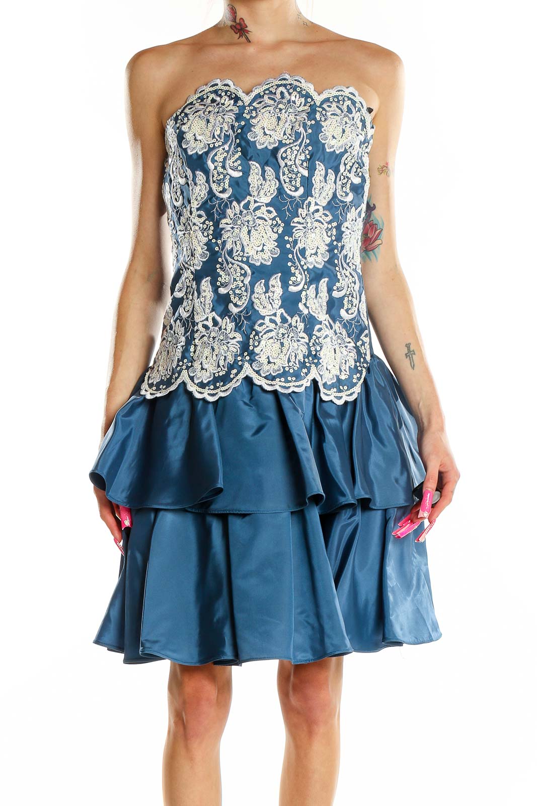 Blue Embroidered Sequin Mini Cocktail Dres Front