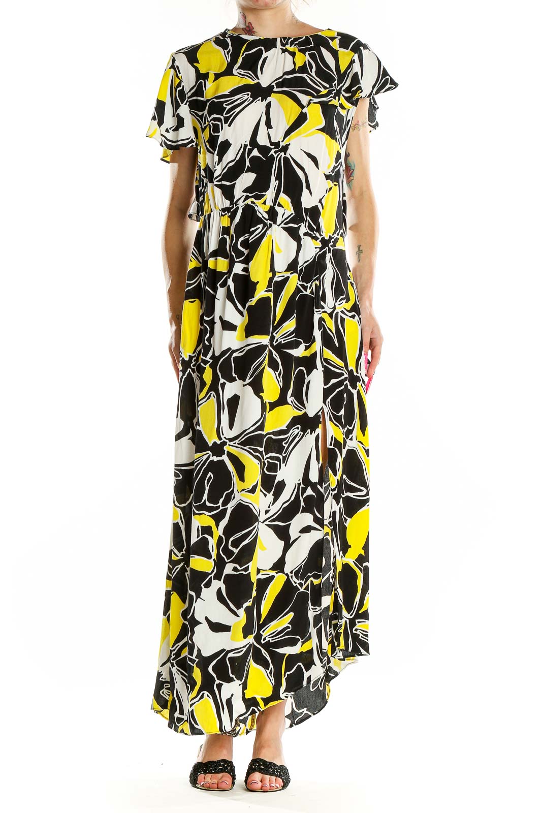Black White Yellow Artsy Print Maxi Dress Front